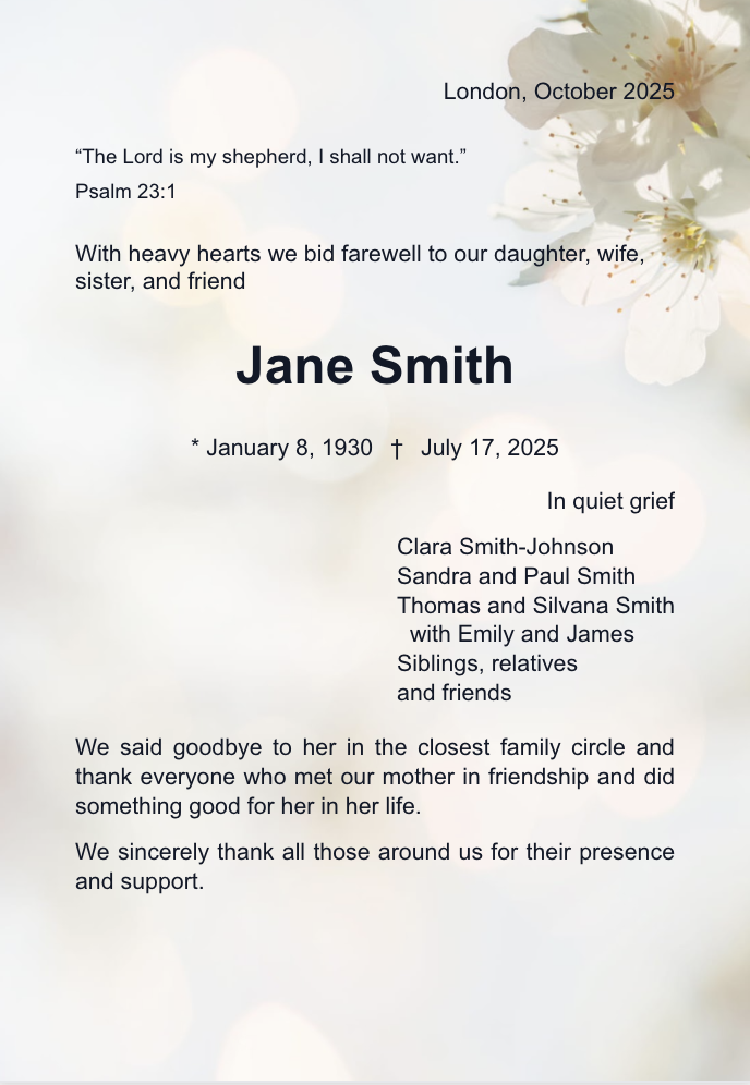 Death notice creation interface on mobile