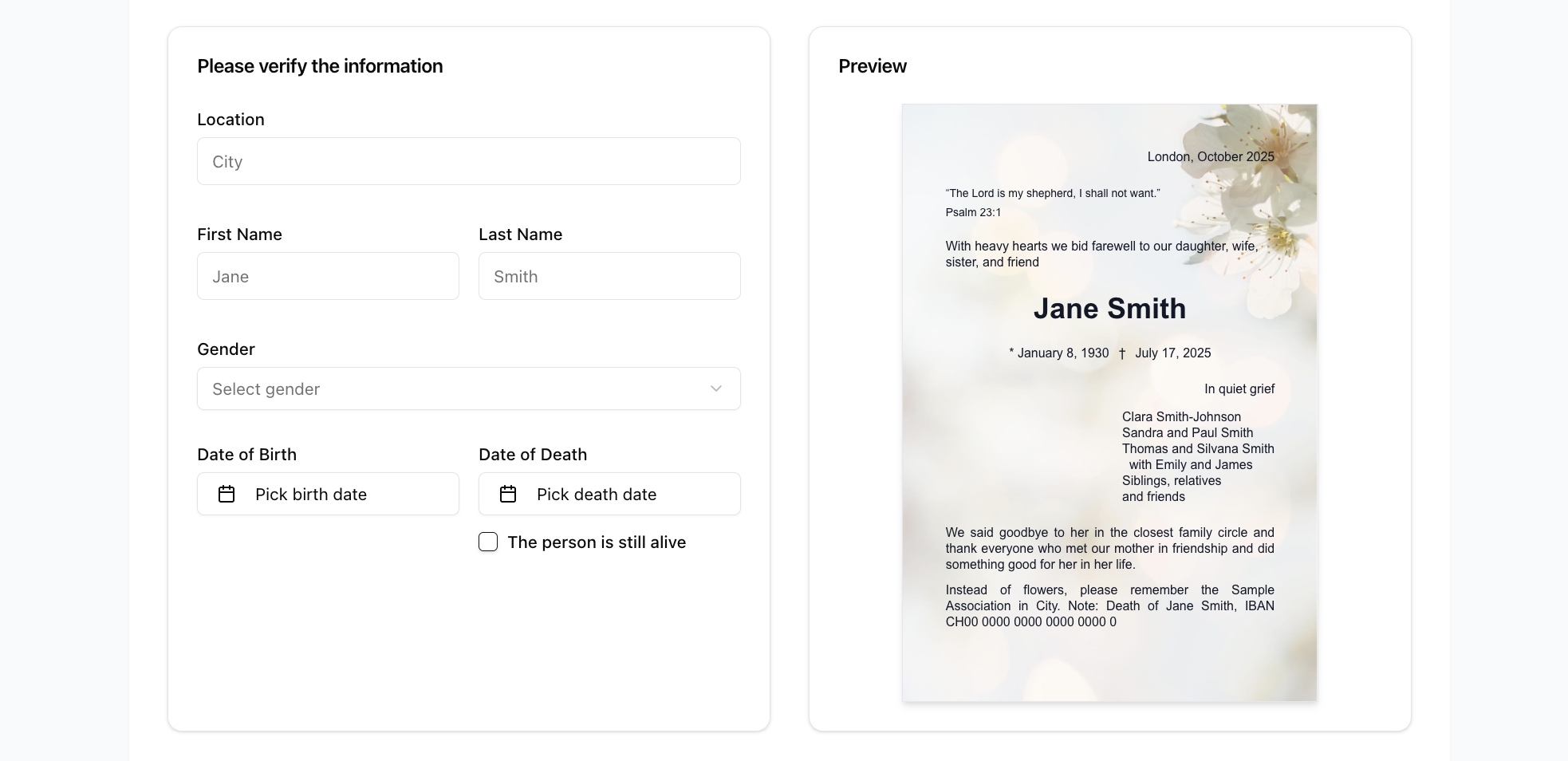 Death notice creation interface on desktop